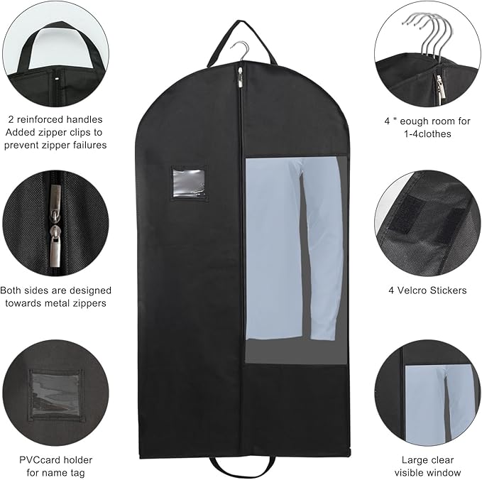 Garment Bags for Hanging Clothes and Travel with 4" Gusseted, Suit Cover for Clothes,Coats,Suit,Jackets,Dress,Shirts,Skirt. (Black-43"-3pcs-Double zipper-Non-woven Fabric)