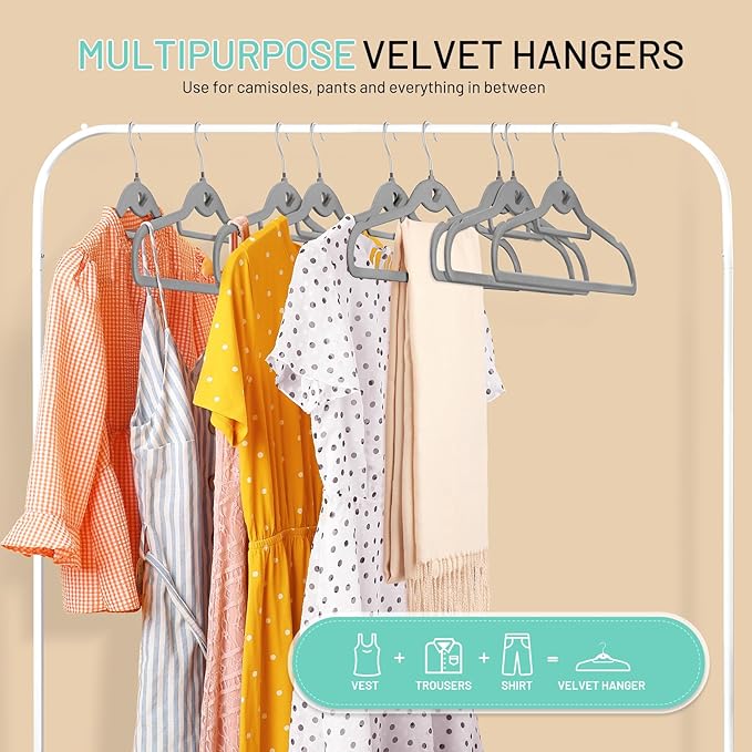 Velvet Stackable Hangers 30 Pack, STOPKLAS Grey Clothes Hangers Non Slip Felt Hanger with 360° Swivel Hook, Thin Hangers Space Saving, Heavy Duty Closet Hanger for Clothes, Coats, Suits, Dress, Pants