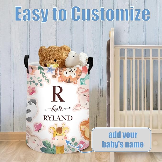 Custom Name Laundry Hamper Kids with Woodland Animals Print, Personalized Girl Laundry Basket for Nursery Bathroom, Customize Baby Name Laundry Baskets for Toddler Adults 2 Sizes