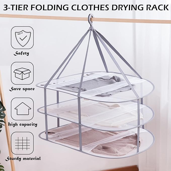 3 Tier Folding Mesh Clothes Drying Rack, Stackable Sweater Drying Rack with Internal Fixation, Portable Hanging Laundry Rack for T-Shirt,Swimsuit,Sweater,Delicates (2 Pack)