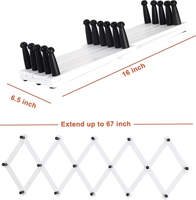 Dseap Accordian Wall Hanger: 16” High Wooden Wall Expandable Coat Rack, Hat Rack Holder, Accordion Hook for Baseball Caps, Coats, Mugs, 16 Peg Hooks, White & Black