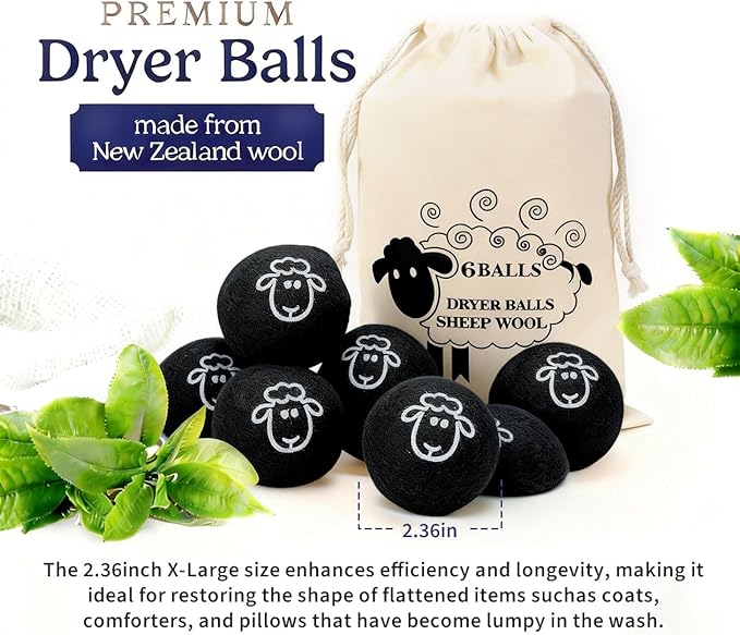 Wool Dryer Balls, New Zealand Dryer Balls Laundry Reusable Reduce Static Cling, Dryer Ball to Reduce Wrinkles & Shorten Drying Time, Drying Balls for Laundry(Pack of 6) (Black-Lamb)
