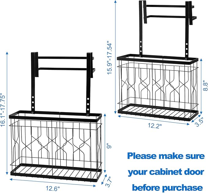 Bekith 2 Pack Cabinet Door Organizer with Double Towel Bar, Over The Cabinet Door Organizer and Storage for Cutting Board, Baking Sheet, Plastic Wrap, Black