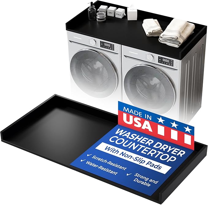 OfficeSimpli Washer Dryer Countertop, Made in USA, Non-Slip Pads, Laundry Room Wood Topper, Washer Dryer Cover for Top, Laundry Countertop, Laminate Finish (Black, Standard (27.5" x 54"))