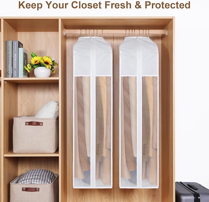 Kntiwiwo 43" Premium Cotton Garment Bag for Hanging Clothes, Breathable Suit Bags for Closet Storage with Extre Large 10" Gusseted & Clear Window, Dust Cover with Zipper for Suits, Jacket, 3 Pack