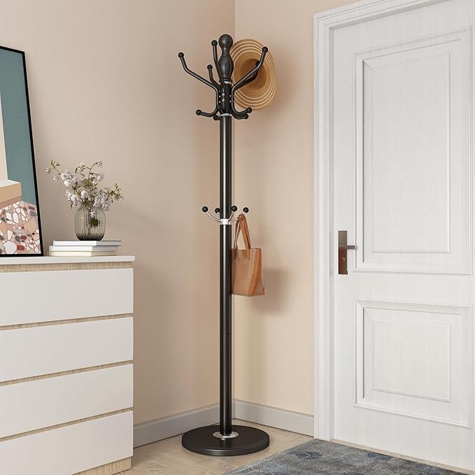 Metal Coat Rack Stand Modern Coat Rack Freestanding with 360° Rotary Design Sturdy Heavy Duty Coats Racks Hall Tree Hats Hanger Holder Stand with 14 Hooks for Entryway Hallway Office, Black