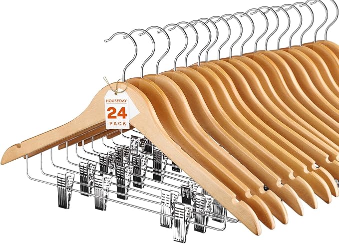 HOUSE DAY 24 Pack High-Grade Wooden Suit Hangers Skirt Hangers with Clips Solid Wood Pants Hanger Natural Smooth Finish Premium Wood Hanger with Durable Metal Clips for Blouse, Dress, Coat, Jacket