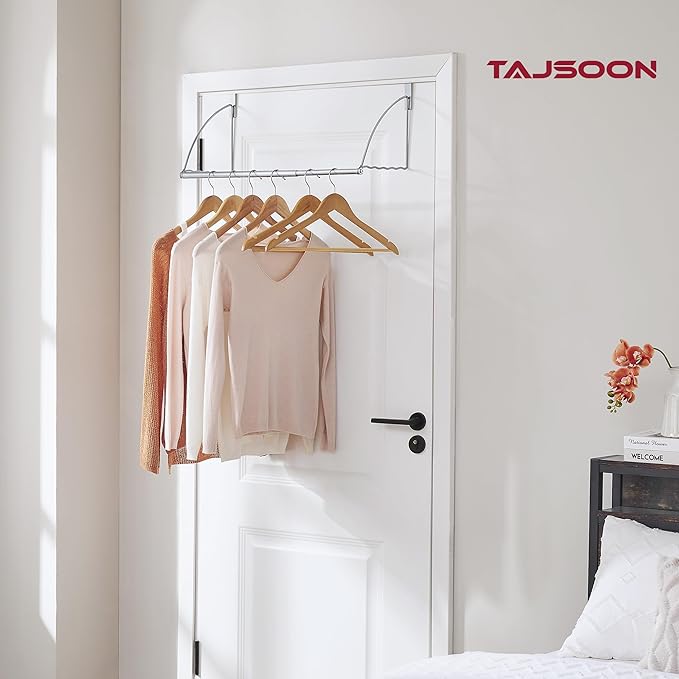 Tajsoon Over The Door Hanger Expandable & Adjustable, Over The Door Hooks for Hanging Towel & Coat, Door Rack Hanger for Bathroom, Bedroom, Washroom, Fits Doors up to 1¾”, Metal, Silver