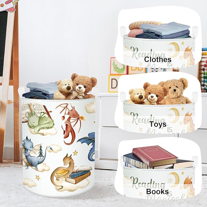 Dinosaur Laundry Hamper Large Storage Basket Cartoon Dino Collapsible Parents Organizer Kids Toy Clothes Bins for Bedroom, Bathroom, Magic Books, 63L