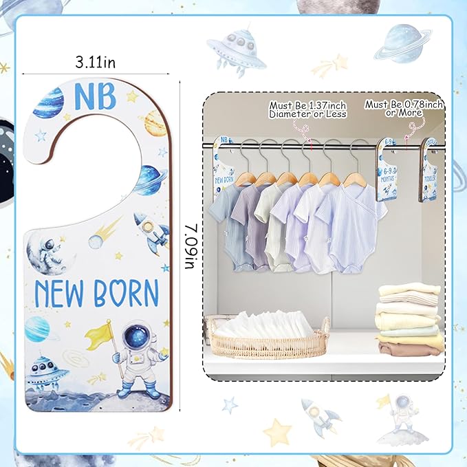Baby Closet Dividers 8PCS, Outer Space Themed Wooden Double-Sided Clothes Size Hanger Organizer from Newborn to Toddler for Nursery Decor Baby Shower Birthday Gift Blue