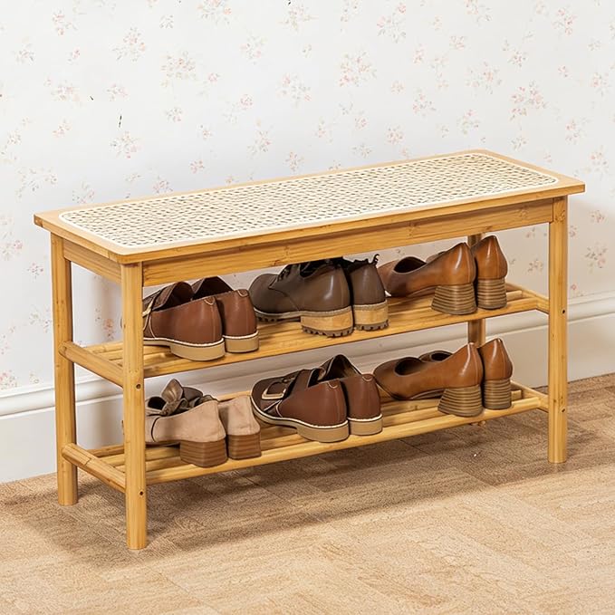latifolia Shoe Rack Bench, 3-Tier Bamboo Shoe Bench with Breathable Rattan Seat Cushion, Shoe Storage Rack for Entryway(Nautre,31.50''L)