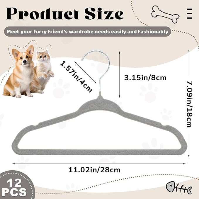 Weysat 12 Pcs Gray Dog Clothes Hangers 11'' Non-Slip & 360° Swivel Velvet Small Pet Hangers for Cats/Dogs with Rustproof Metal Hooks, Space-Saving for Home Storage & Grooming Salons Minimalism