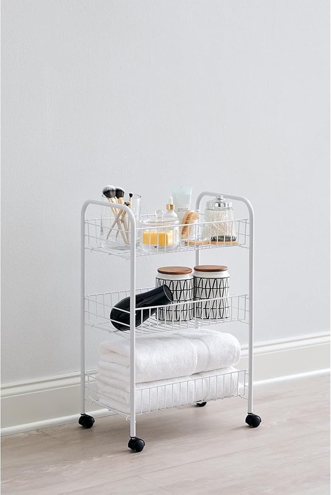 Rubbermaid 3-Tier Shelving Wheeled Organizer, Wire Adjustable Metal Storage Cart, for Office/Kitchen/Bedroom/Laundry Home Use, White