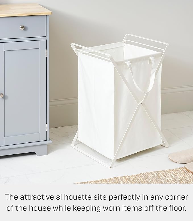 Yamazaki Home Tower Laundry Hamper Clothes Basket With Cotton Liner - Large, 25.2" - Steel + Cotton - 20 Gallons, 75 Liters