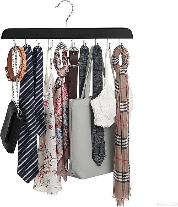 Bra Hanger for Closet Organizer, Wooden Tank Top Hangers with 20 Foldable Hooks, 360° Rotating Design, Space Saving Storage for Tank Tops, Bras, Scarves, Belts, Ties etc (1, Black)