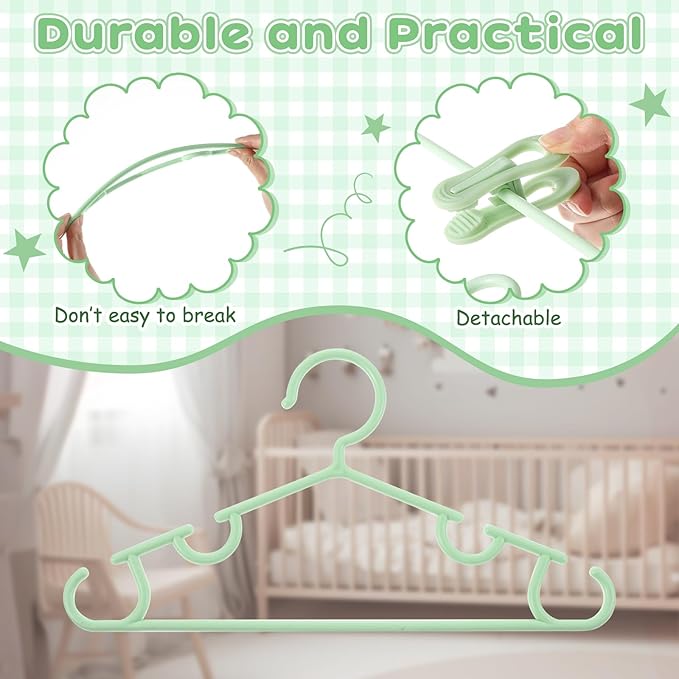 Hsei 60 Pack Pastel Color Kids Nursery Hangers Plastic Baby Hangers Heavy Duty Toddler Hanger for Pants, Coat, Skirts, Closet, Nursery Decor(Green Color)