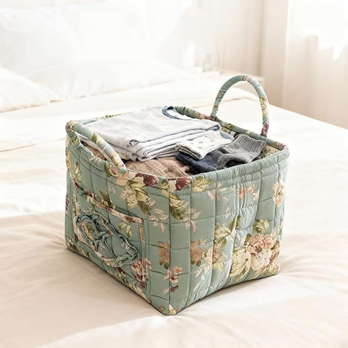 Mo&Cy Floral Pattern Storage Basket Large Capacity Fabric Storage Baskets Boho Floral Laundry Baskets with Easy Carry Handles,Baskets for Gifts Empty (Green Cottage)