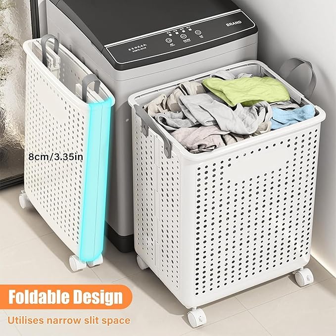 42L Large Heavy Duty Laundry Hamper On Wheels and Handle, Foldable Collapsible Laundry Basket, Space Saving Laundry Room Organization With Lid For Home Storage, Clothes (Cream)
