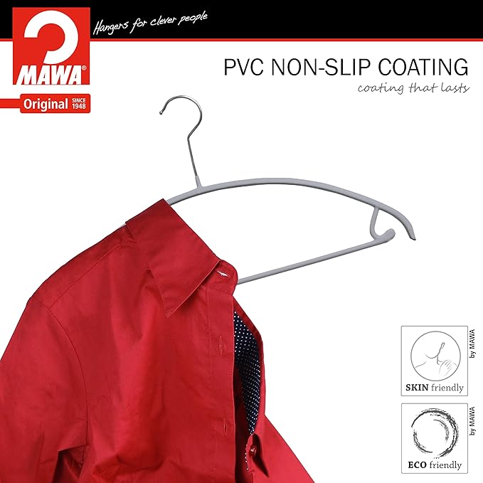 Mawa Non Slip Metal Clothing Hanger, Smooth Shoulder Support with Skirt Hooks, Model 42-U, Set of 2, Silver