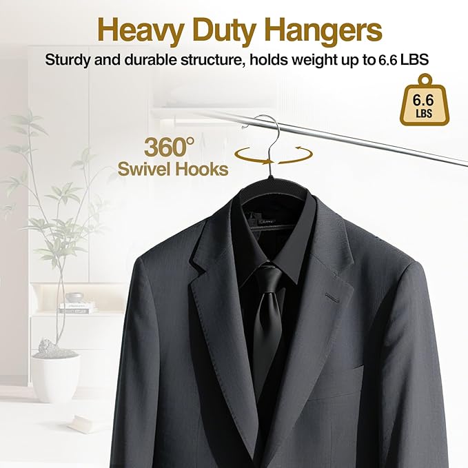 Plastic Hangers 50 Pack, Heavy Duty Clothes Hangers with 360° Swivel Hook, Non-Slip Bar & 0.2" Ultra-Slim Space-Saving Closet Organizers for Coats, Pants, Suits, Shirts, Black