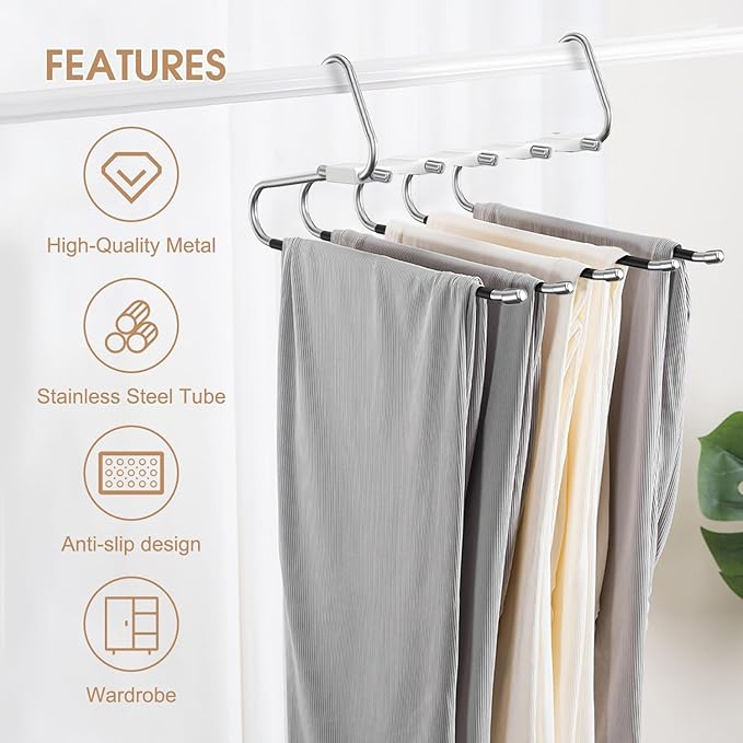 2 Pack Pants Hangers Space Saving, Anti-Slip Multi-Functional Pants Rack, Thickened Stainless Steel Tube with 10 Metal Clips, Two Hanging Modes Suitable for Jeans Trousers Skirts Scarf-White