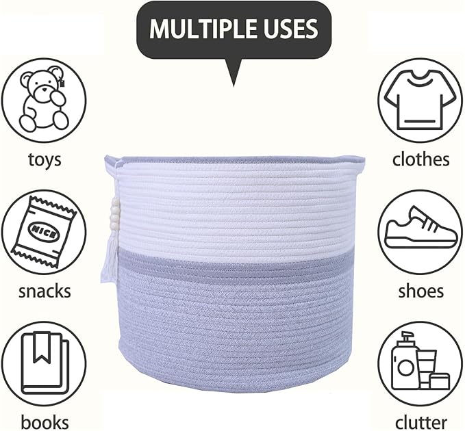 Large Woven Rope Laundry Hamper, Cotton Rope Storage Basket with Handles, Multipurpose Storage Basket for Laundry, Toys, Blankets in Bedroom, Bathroom, Living Room - Stylish & Durable (Grey, 55L)