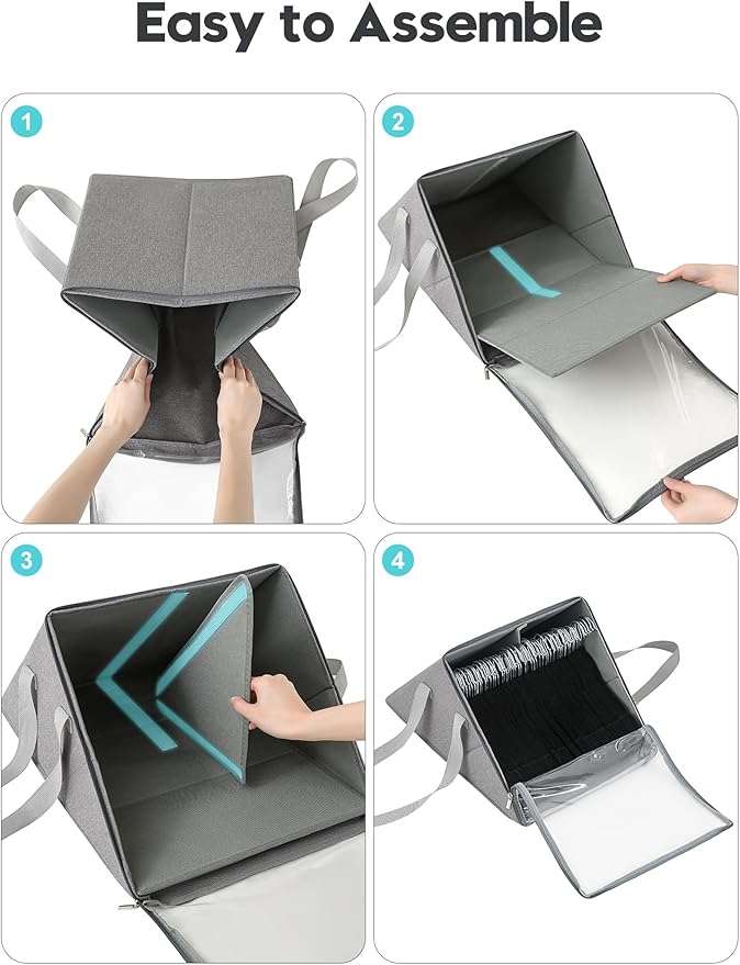 Qozary 2 Pack Upright Clothes Hanger Organizer Bag for Tangle-Free - Dual Compartments Hanger Storage Containers with Clear Cover for Closet Laundry Room, Foldable Organizer with Carry Handle