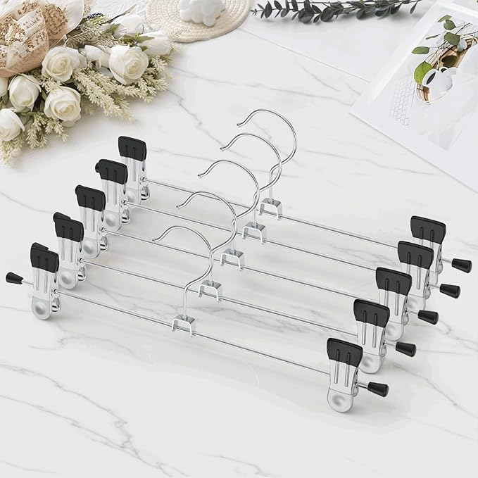 IEOKE Pants Hangers with Clips: 30 Pack Skirt Hangers for Women Metal Adjustable Trouser Hangers for Jeans Shorts Dress - Black