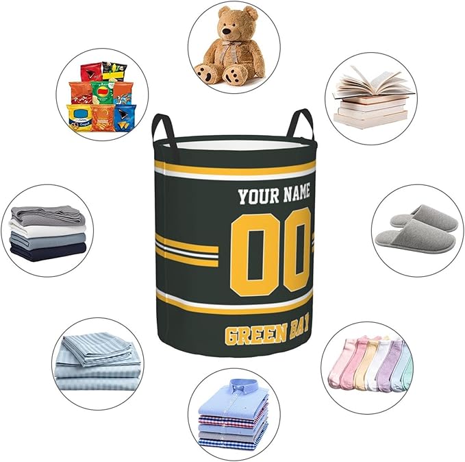 Custom Green Bay Laundry Hamper Personalized Laundry Basket Customized Name And Number Collapsible Storage Basket for Bedroom Bathroom Living Room Gifts