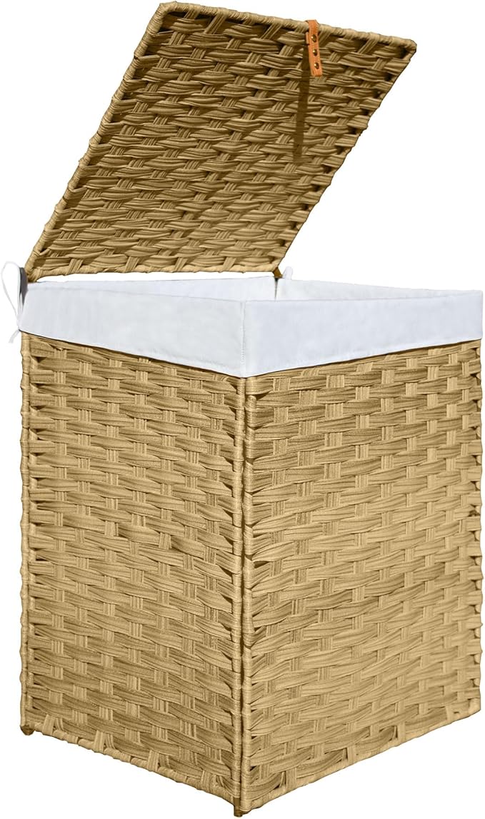 Wicker Laundry Hamper with Lid,34 Gal(130 L) Rattan Laundry Basket 2 Sections with Lid, Removable Machine Washable Line, Large Clothes Hamper with Handles for Bathroom Bedroom, Yellow