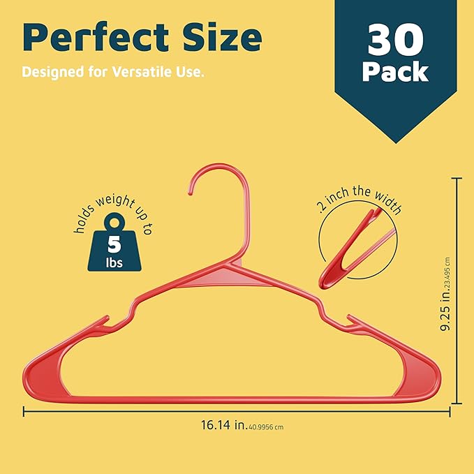 Lifemaster Plastic Clothes Hangers – Heavy Duty Hanger Set, for Organizing Clothes, Dresses, and Coat, Holds Up to 5 lbs, Space-Saving Hangers with Non-Slip Shoulder Grooves, Pack of 30, Red