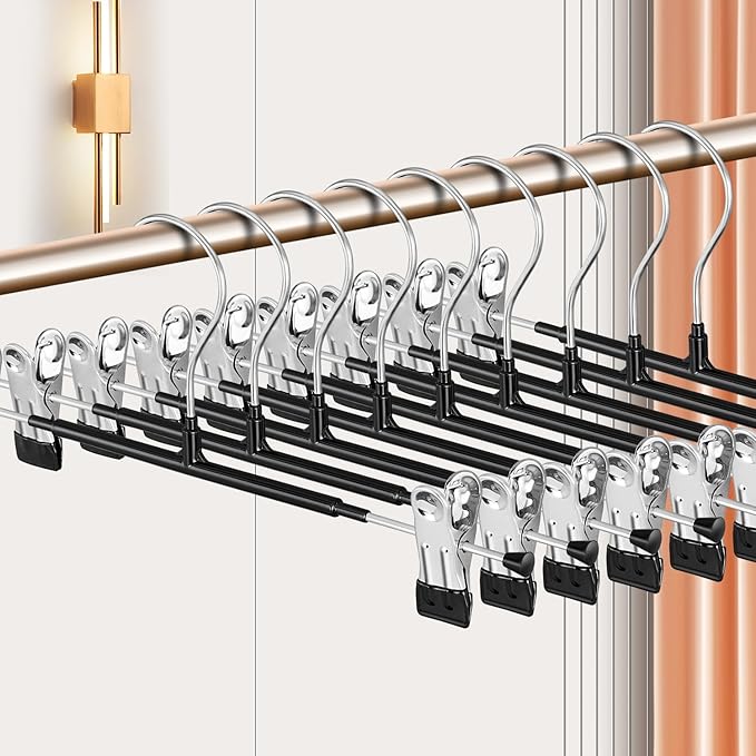 60 Pack 12 Inch Heavy Duty Pants Hangers with Clips, Metal, Black, Non Slip, Space Saving, Adult, Men, Children, Kid, Baby