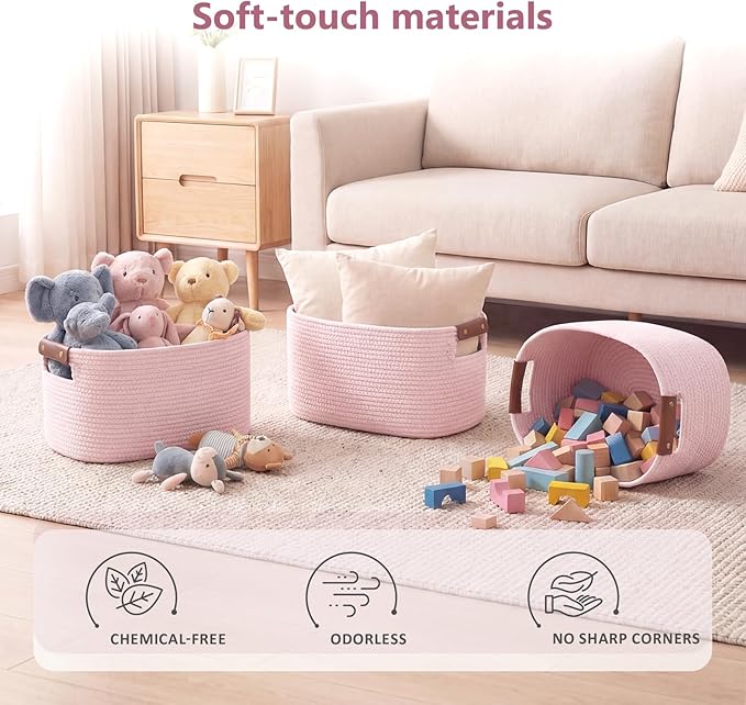 Cotton Rope Basket, Storage Baskets with Handle, 15x10x9 Inch Woven Basket for Shelves, Laundry, Towels, Clothes, Books (Light/Pink 3Pack)