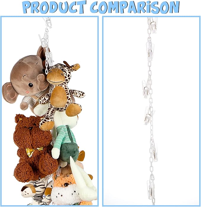Hotop 2 Pcs Stuffed Animals Storage Chain Hanging Stuffed Animal Organizer with 40 Plastic Clips 79 Inch Plush Toys Holder with Hooks for Wall Bedroom Hanging Hat Socks Holiday Card (White)
