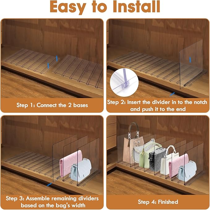 Purse Organizer for Closet, Clear Acrylic Clutch Bag Organizer, Adjustable Shelf Divider for Closet Organizers and Storage, Detachable Handbag Separators Dividers Rack for Bedroom Bathroom Office