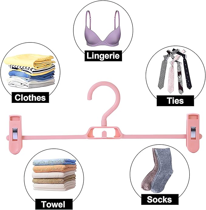 10 Pack Plastic Pant Hangers with Clips, Space Saving Skirts Hanger with 360°Rotating & Adjustable Clips, Stackable Clothes Hanger for Closet Organizer and Storage (Pink)