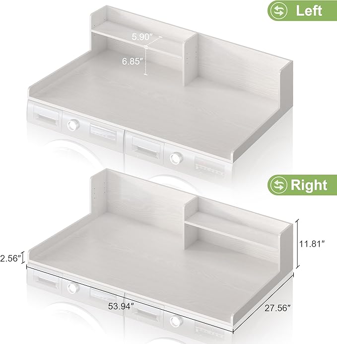 Washer Dryer Countertop, White - 2-Tier Wood 54" x 27.5" Laundry Topper with Safety Guard & Non-Slip Pads, Over The Washer Dryer Folding Shelf for Maximum Space Saving (White)