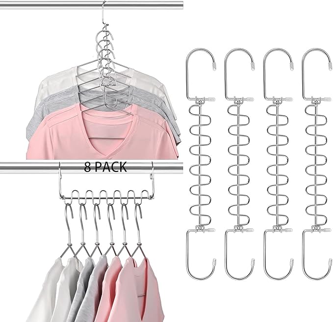 KLEVERISE 8 Pack Metal Space Saving Hangers, Stainless Steel Hangers Space Saving for Clothes, Magic Cascading Space Saving Closet Clothing Hanger Organizer Space Saver, College Dorm Essentials