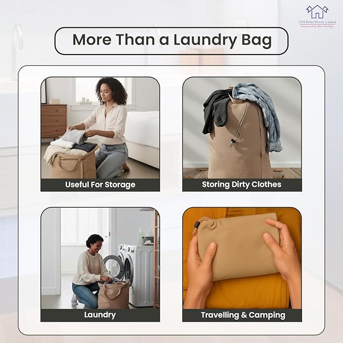 LFH Home Large Premium Cotton Canvas Laundry Bag with Drawstring and Handles Heavy Duty, Multi-Use, and Washable for Home, Travel, College or Storage 28x36 (Pack of 2)-Beige