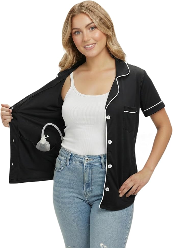 USBD Post Mastectomy Shirt with Drain Pockets Lapel Collar Post Op Button Down Recovery Tops