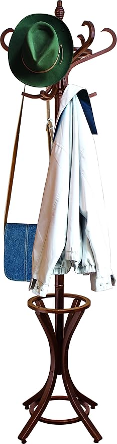8000 Floor Standing Hat and Coat Rack with Umbrella Stand, Wood with brown Paint Finish