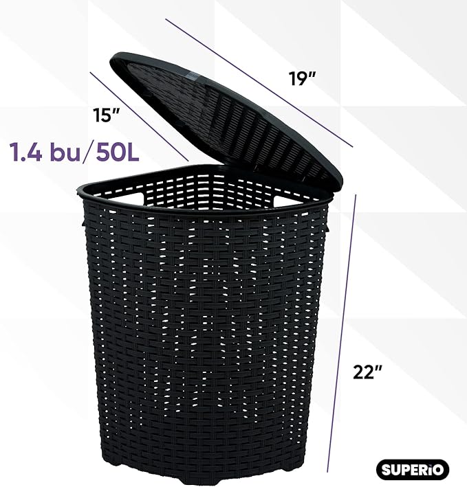 Plastic Corner Laundry Hamper with Lid, Curved Designed Laundry Basket, 2 Pack Triangle Black Cloths Hamper Organizer with Cut-out Handles for Laundry Room Bedroom Bathroom, Wicker Design, 50 Liter
