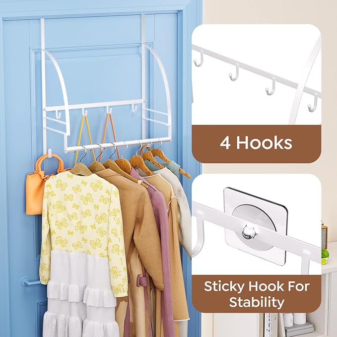 Over The Door Clothes Hanger Drying Rack, Over Door Drying Rack Hooks for Hanging Towels, Coats & Clothes, Door Hanger Organizer Storage for Bathroom Bedroom Laundry Dorms Washroom (White)