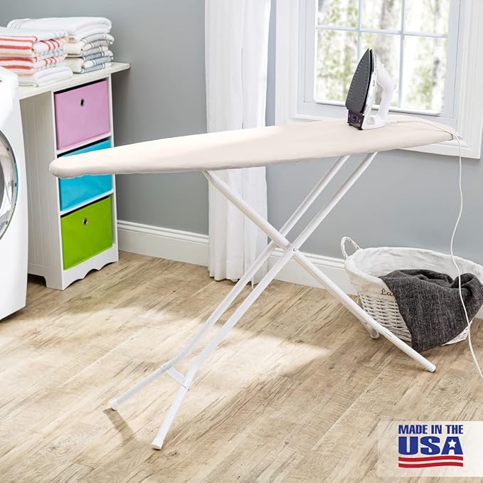Full Size Ironing Board Made in USA – Beige by Seymour Home Products 4 Heavy-Duty Steel Legs Perforated Top for Steam Includes Cover & Pad Sturdy, Foldable Iron Board for Home & Laundry