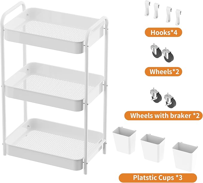 JAQ Makeup Carts, 3-Tier Metal Rolling Utility Storage Organizer Cart Shelf with Wheels for Craft Office Supplies Diapper Snack in Bathroom Kitchen Laundry Classroom Dorm -(3-Tier,White)
