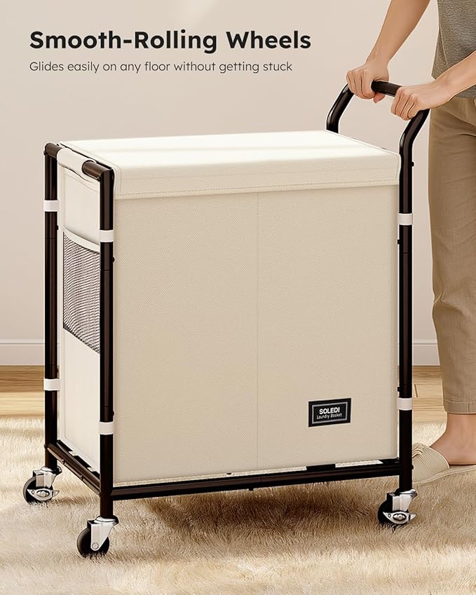 SOLEDI Laundry Basket with Wheels,38 Gallons(145L) Laundry Hamper 2 Section,Sturdy Metal Frame with Handle,Laundry Cart,Rolling Laundry Basket for Bedroom Aesthetic,Easy to Assemble,Ivory