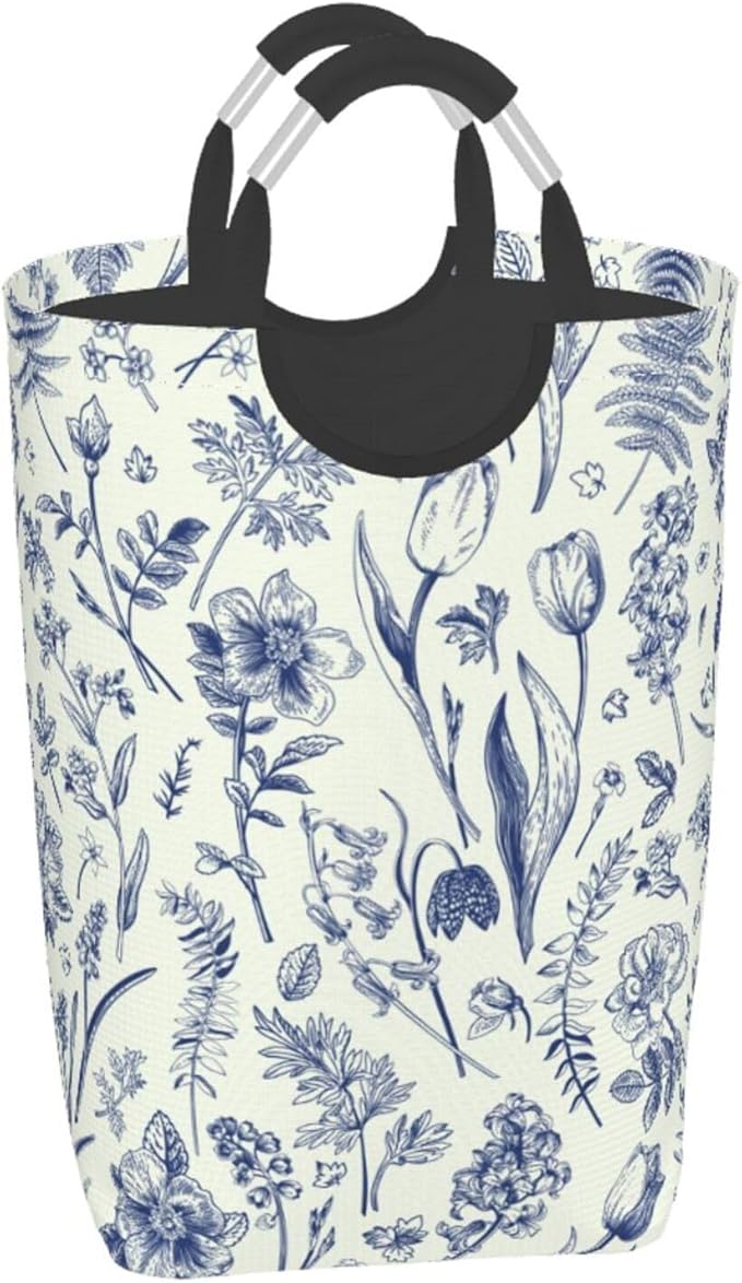 Blue Floral Laundry Basket Flowers Foldable Laundry Hamper Vintage Collapsible Laundry Baskets with Handles Clothes Hamper Laundry Tote Bag for Dorm Family Storage Bin 50L