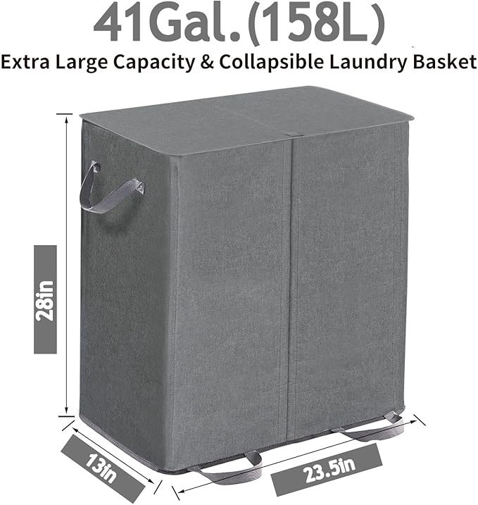 Double Laundry Hamper with Lid and Removable Bags, Laundry Basket 2 Section, Double Hampers for Laundry, Large Divided Hamper, Dual Laundry Hamper 2 Section with Handles Dorm 140L Grey