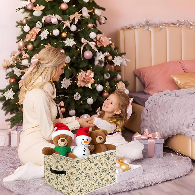 Vintage Winter Snowflake Neutral Christmas Storage Bin Box with Handles, Rustic Holiday Winter Christmas Foldable Organizer Basket Toybox for Home Bedroom Bathroom Clothes Toys Books
