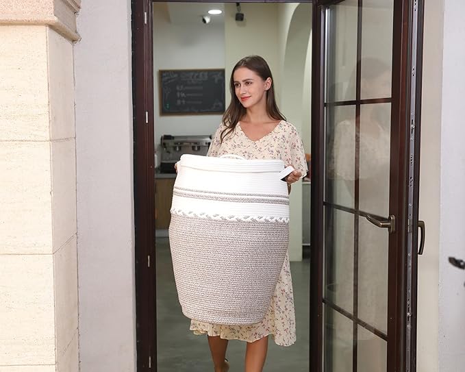 26"x20" Handcrafted Tall Cotton Rope Basket with Lid, Stylish Flagon Shape with Cover, Clothes Hamper with Top, for Bedroom and Living Room, White/Deep Camel White Mix